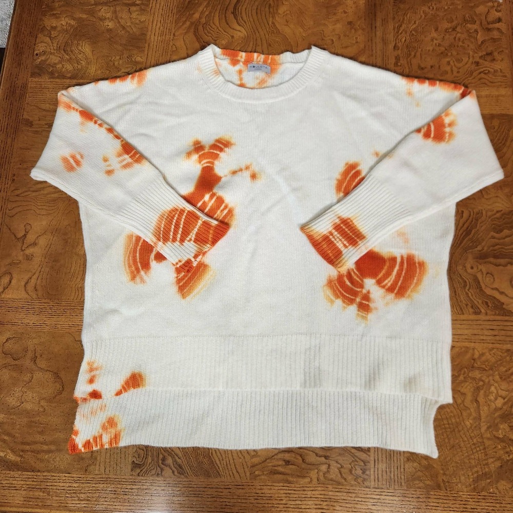 Mouleta German Luxury Cashmere Crew Neck Pullover Large, Cream and Orange Batik